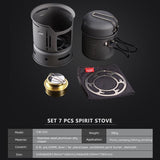 High Quality Wood&Alcohol Burner Set 7 Pieces Outdoor Cookware Camping Hiking Picnic Cooking Utensil Spirit Stove Pot Bowl Windshield