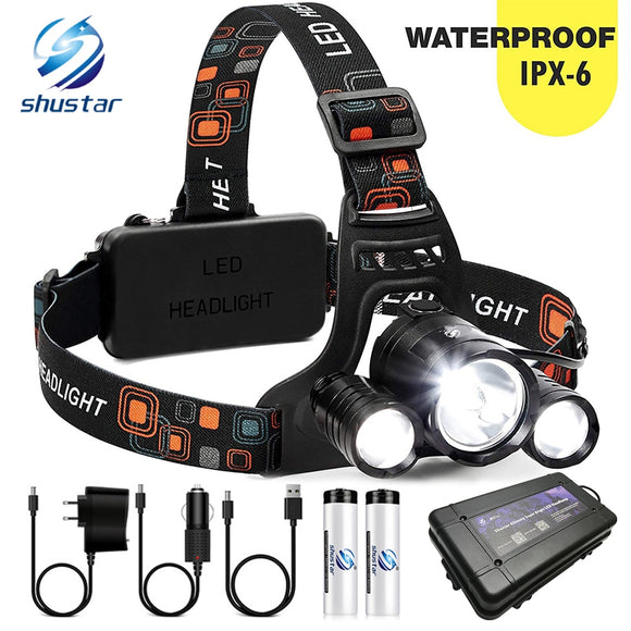 Super Bright 3 Lights LED Headlamp Waterproof Headlight Fishing Lamp 4 Lighting Modes Camping Lamp Powered By 2 X 18650 Battery