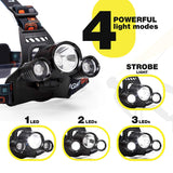 Super Bright 3 Lights LED Headlamp Waterproof Headlight Fishing Lamp 4 Lighting Modes Camping Lamp Powered By 2 X 18650 Battery