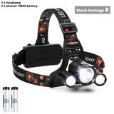 Super Bright 3 Lights LED Headlamp Waterproof Headlight Fishing Lamp 4 Lighting Modes Camping Lamp Powered By 2 X 18650 Battery