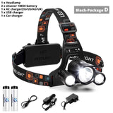 Super Bright 3 Lights LED Headlamp Waterproof Headlight Fishing Lamp 4 Lighting Modes Camping Lamp Powered By 2 X 18650 Battery