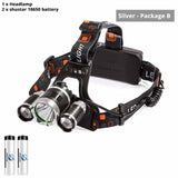 Super Bright 3 Lights LED Headlamp Waterproof Headlight Fishing Lamp 4 Lighting Modes Camping Lamp Powered By 2 X 18650 Battery