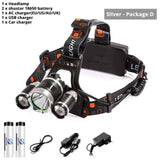 Super Bright 3 Lights LED Headlamp Waterproof Headlight Fishing Lamp 4 Lighting Modes Camping Lamp Powered By 2 X 18650 Battery