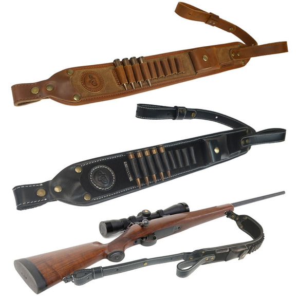 Top Quality Leather Rifle Sling with Swivels Adjustable Shell Loops Ammo Holder Strap For .30-30 .308 .30-06, .45-70