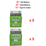 High Capacity AA + AAA USB Rechargeable battery Kits 1.5V AA 2600mWh/AAA 750mWh li-ion batteries for toys watch MP3 player thermometer+TYPE-C Cable